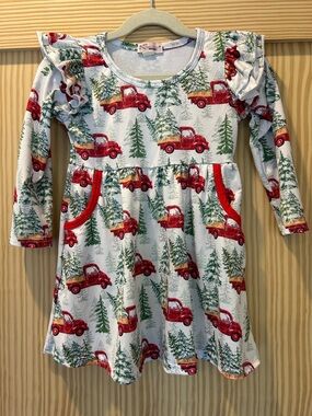 Girls Festive Red Truck Knit Dress with Ruffle Shoulders